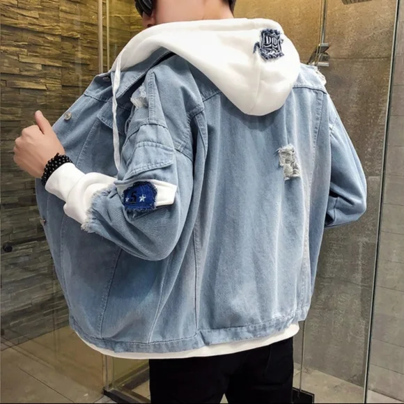 NWT Streetwear Hooded Distressed Denim Jacket with Patches - Size XXL - Picture 3 of 10